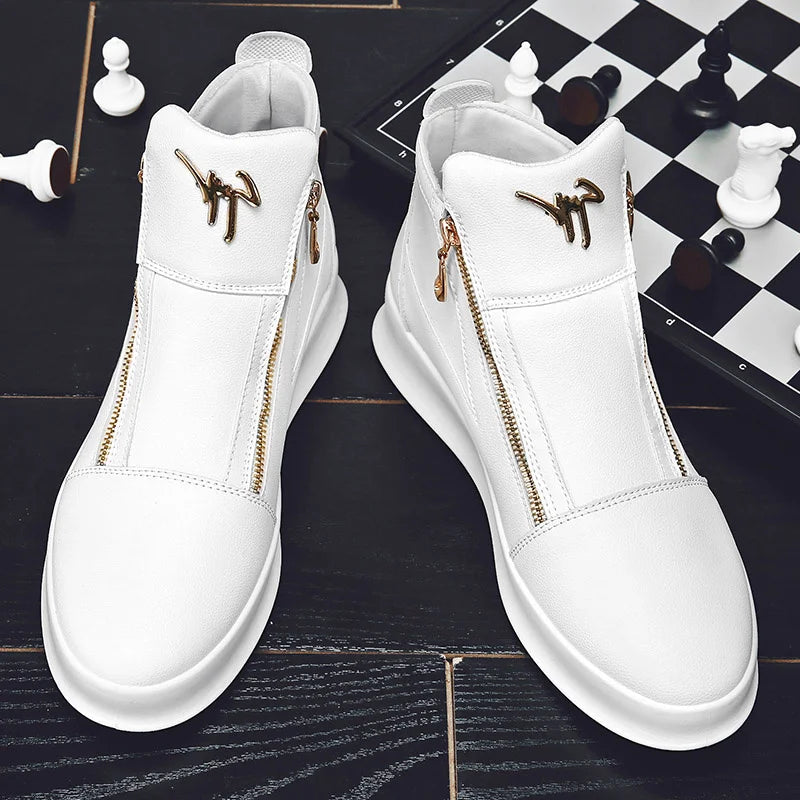Men's High-top Boots Designer Zip Leather Sneakers White Platform Casual Shoes