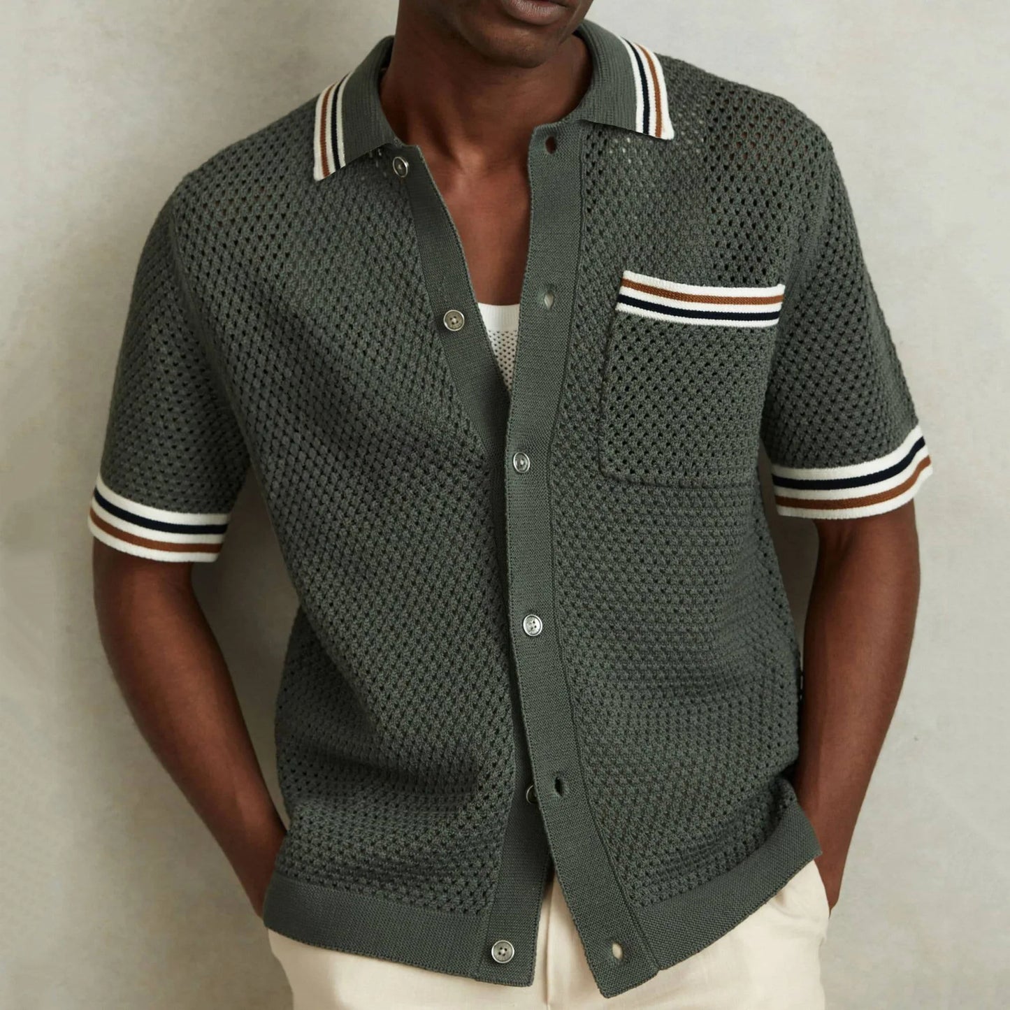 Men's Summer New Collar Knitted Cardigan Casual Polo Shirt Men's Short Sleeve