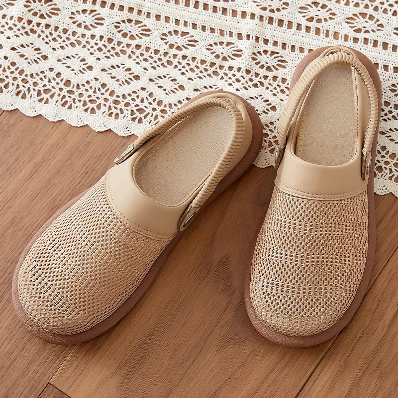 Closed Toe Hollow Out Mesh Casual Slides Women Japanese Style Minimalist Polyurethane Soft Sole Summer Sandals Wholesale