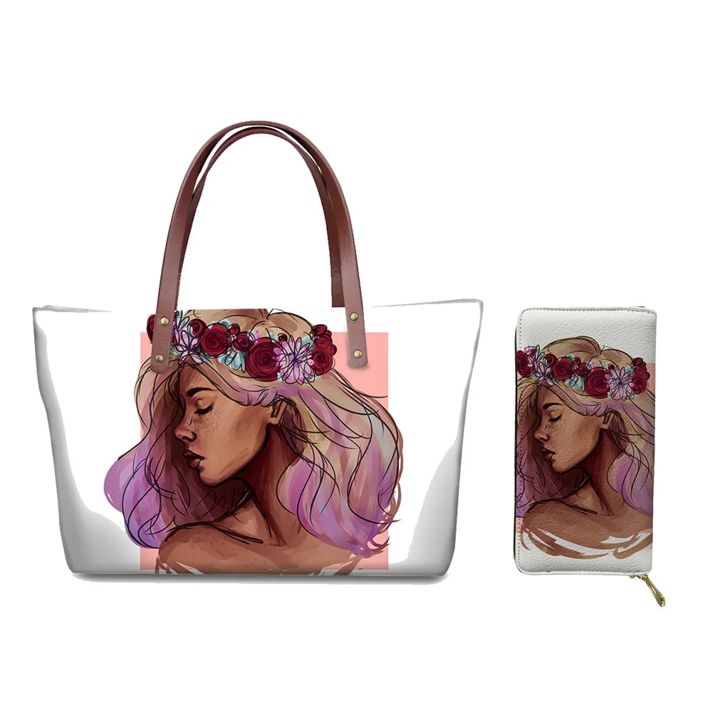 Custom Printed Women Bag Handbags African Girls Printing Purse and Handbags 2pcs Set Shoulder Tote Bag Females Summer Beach Bags