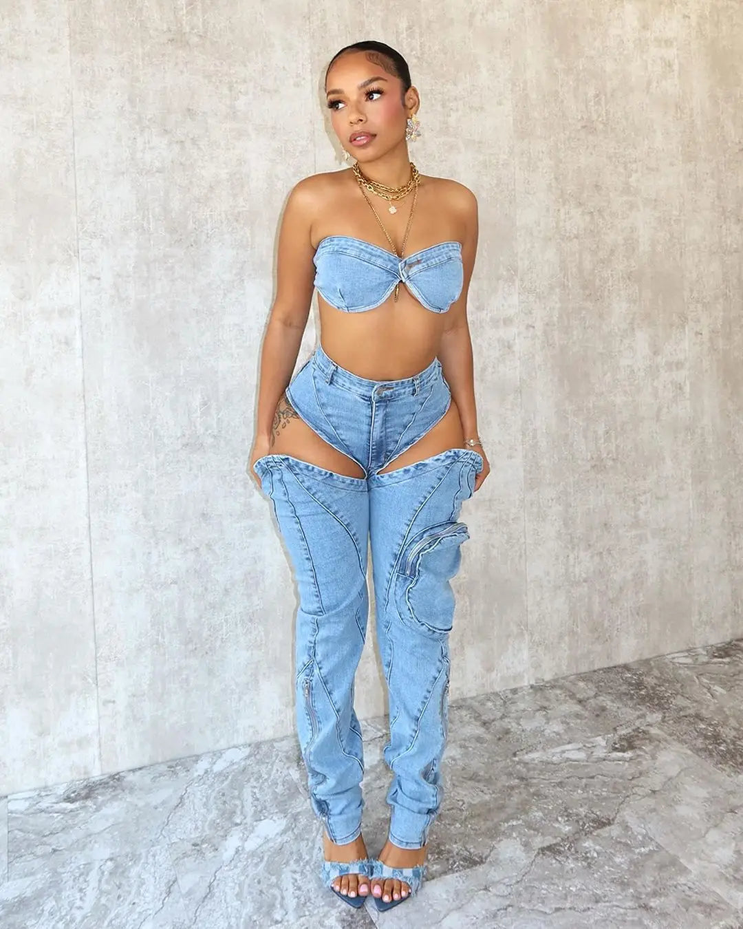 Liu Ming New Products Summer Women Sexy Strapless Wrapped Tops Sleeveless Hollow Slit Long Jeans Pants Set