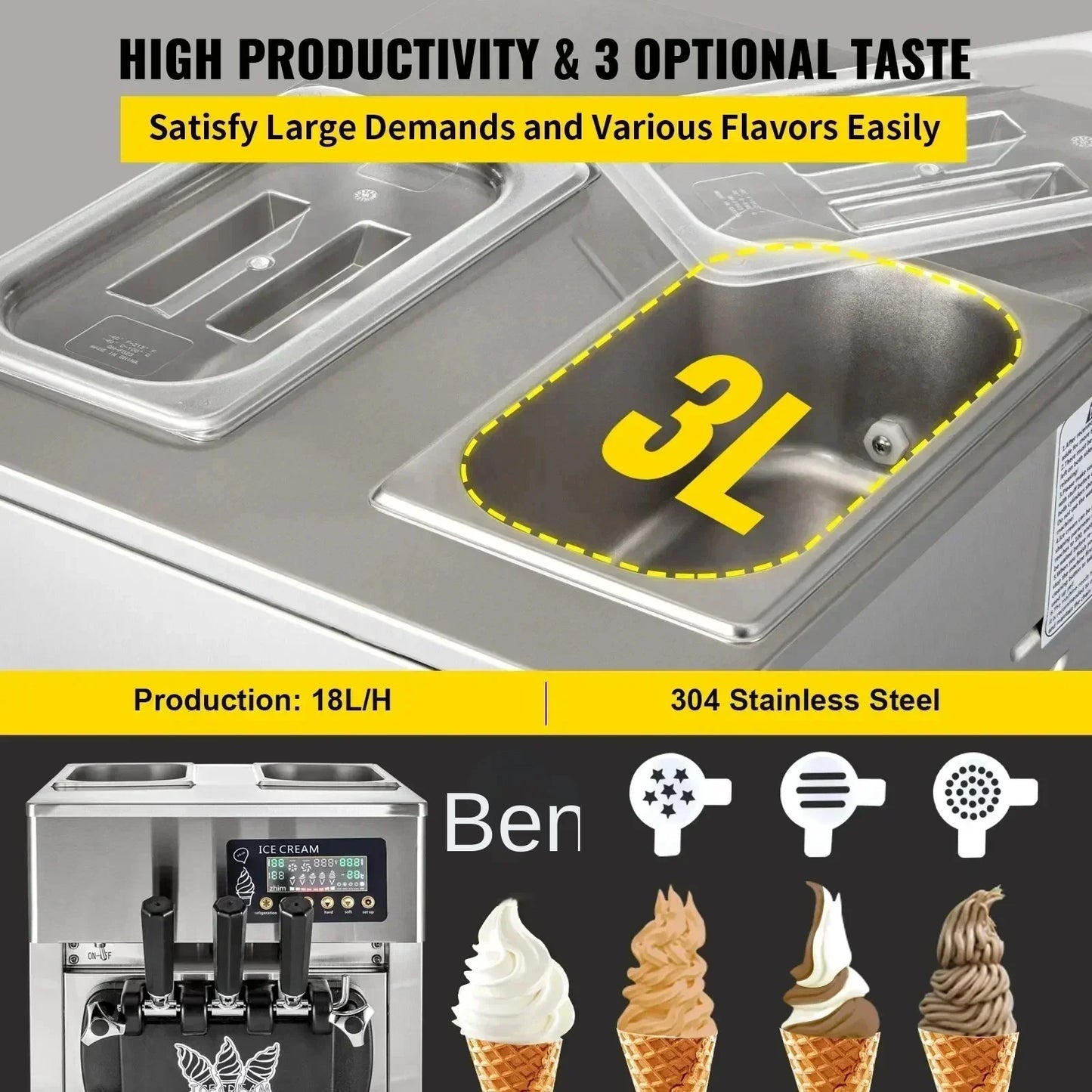 VEVOR 1200W A168  Compressor Ice Cream Maker 4-Nozzle LCD Panel Machine for Yogurt and Milk 3 Flavors New Condition
