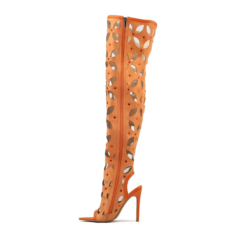 Women Wholesale Suede Cut Out Over Knee High Boots Peep Toe Stiletto Heels Diamonds Shoes Side Zipper Summer Long Booties