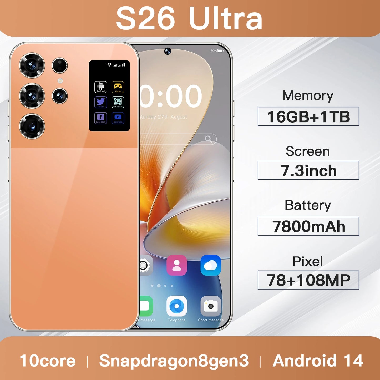 Hot Selling S26 Ultra Smartphones 16GB+1TB Android 15 HD Screen 4G5G 7.3 Inch New Mobile Phone 108MP 100W Facial Recognition