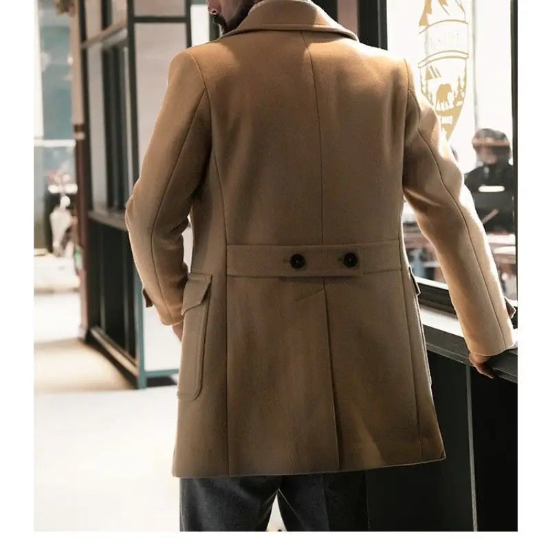 Fashion Men Fall Winter Trench Coat Long Sleeve Coat Notch Collar British Style Mid Length Men Jacket
