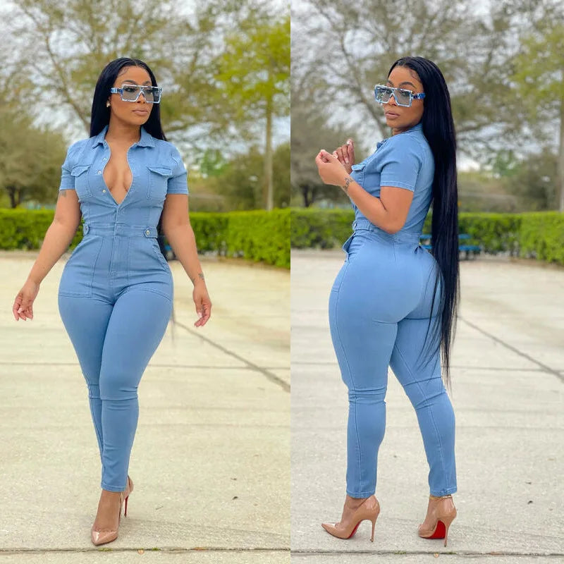 Autumn and Winter New Hotsale Ebay Women's Short-sleeved Casual Women's Denim Jumpsuit Jean Pants
