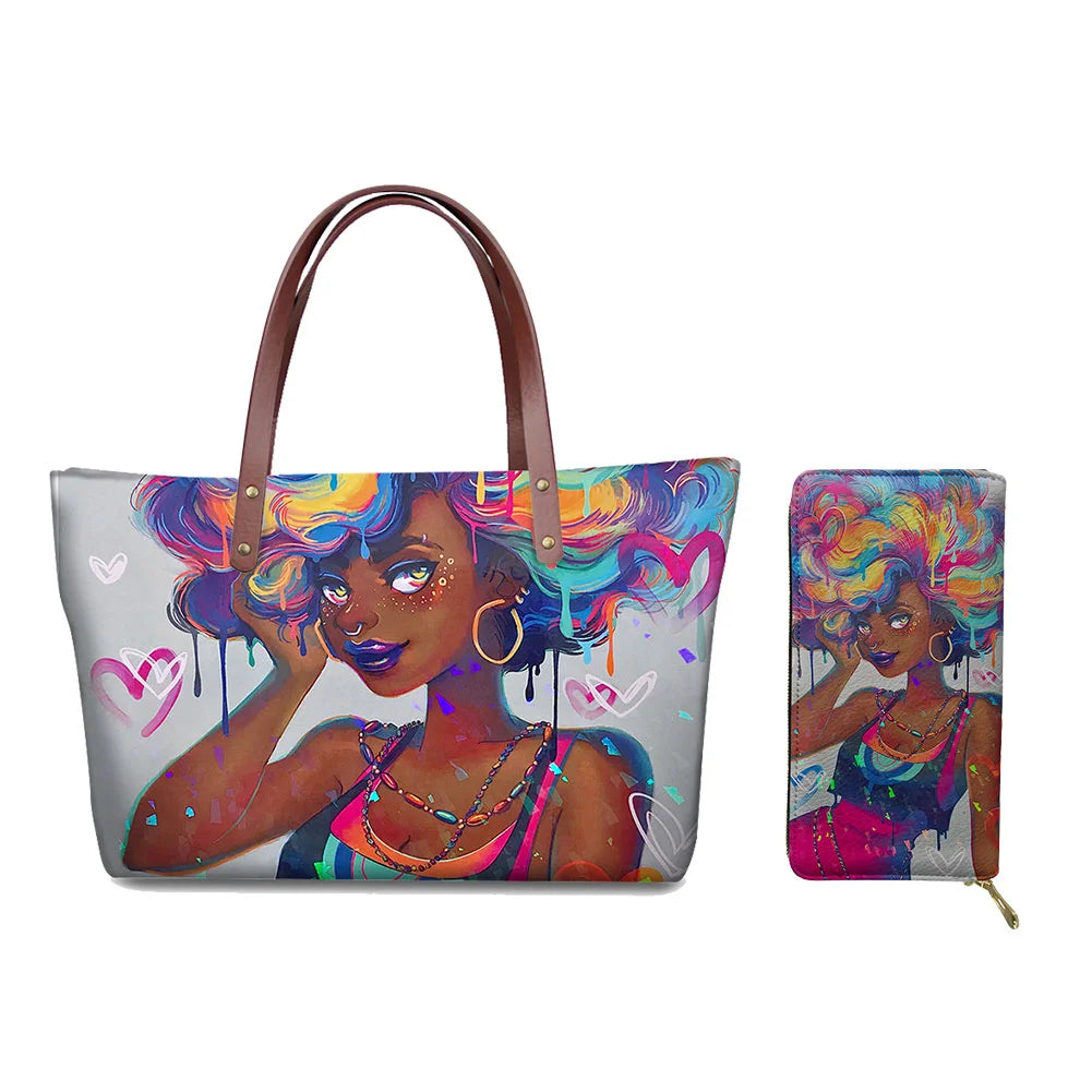 Custom Printed Women Bag Handbags African Girls Printing Purse and Handbags 2pcs Set Shoulder Tote Bag Females Summer Beach Bags