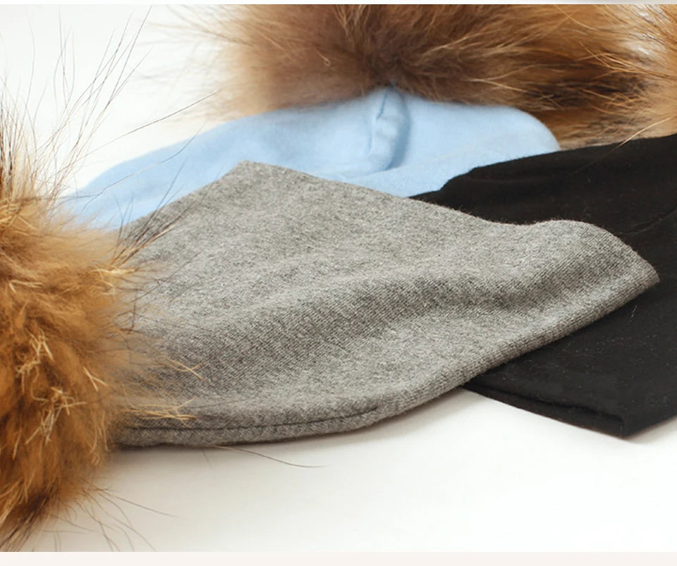 Geebro 0-3 Month Baby Boys Soft Cotton Real Fur pompom Beanies Hats For Newborn Girls Spring Autumn Kids Infants Toddler Hats