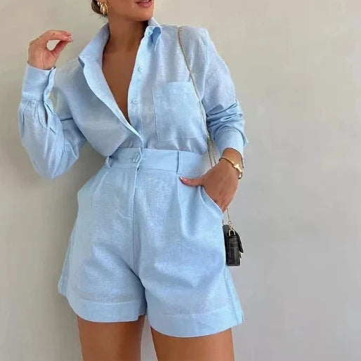 New High Quality Casual 2 Piece Set Women Puff Sleeve Top and Elastic Waist Slim Shorts Set Jogging Set