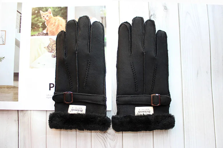 Sheepskin Fur Gloves Men's Thick Winter Warm Large Size Outdoor Windproof Cold Hand Stitching Sewn Leather Finger Gloves