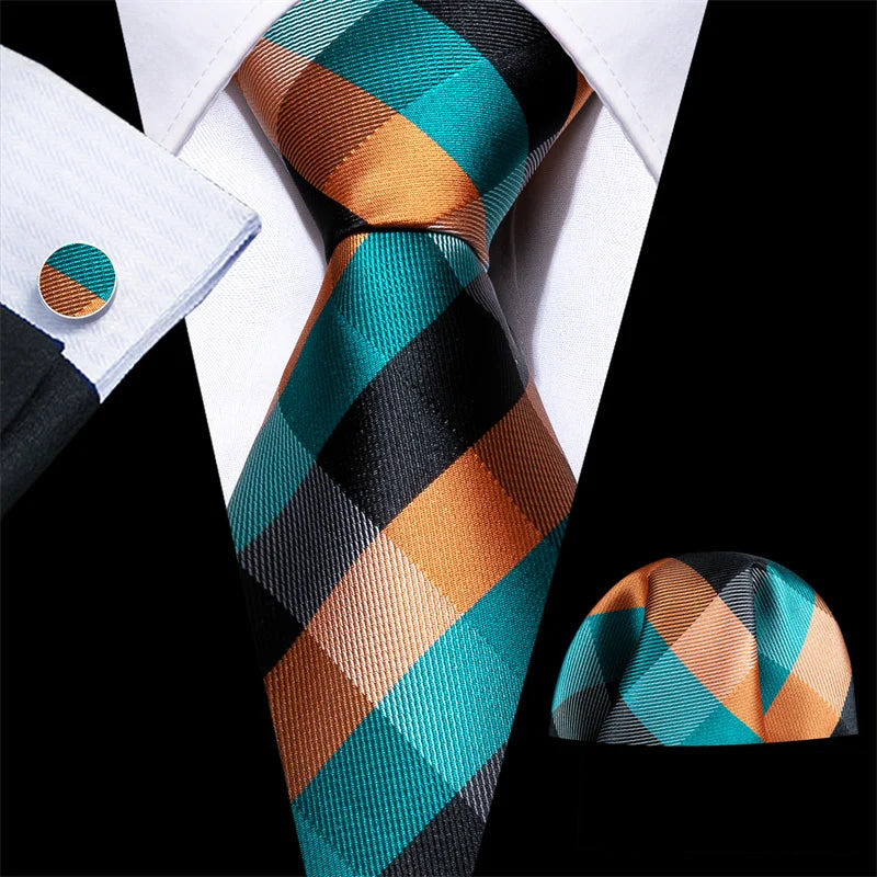 High Quality Luxury Business Fashion Men Gift Orange Plaid Checked Tie Jacquard Woven Silk Necktie Pocket Square Cufflinks Set