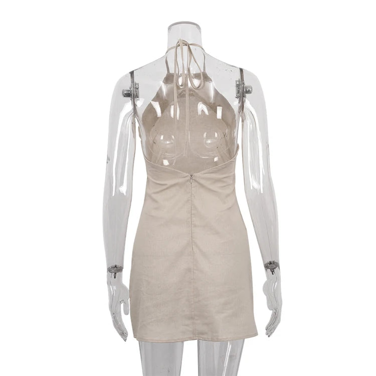Good Price Manufacturer Lace-Up Halter Neck Hot Girls Women's Backless Short Dress Sexy Summer Cotton Linen Dresses For Women