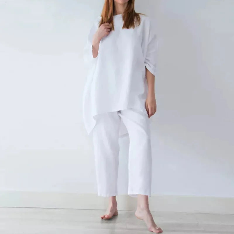 S-4XL Summer Plus Size Women Cotton Loose Elegant Short Sleeve Trousers Two-piece Set Solid Color Breathable Women Casual Suits