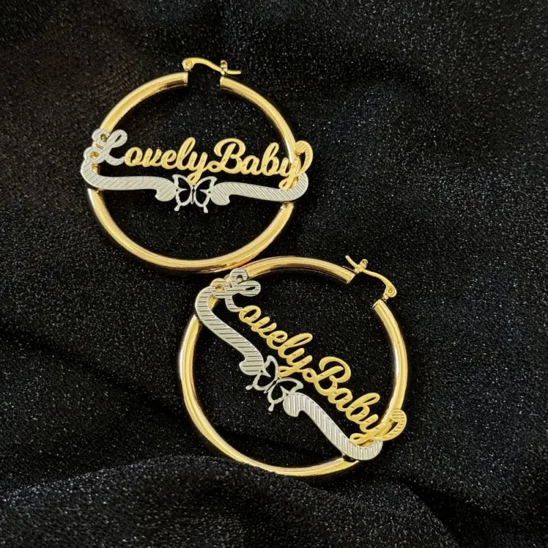 Personalised Double Color Nameplate Earring Stainless Steel Round Earrings Custom Butterfly Name Hoop