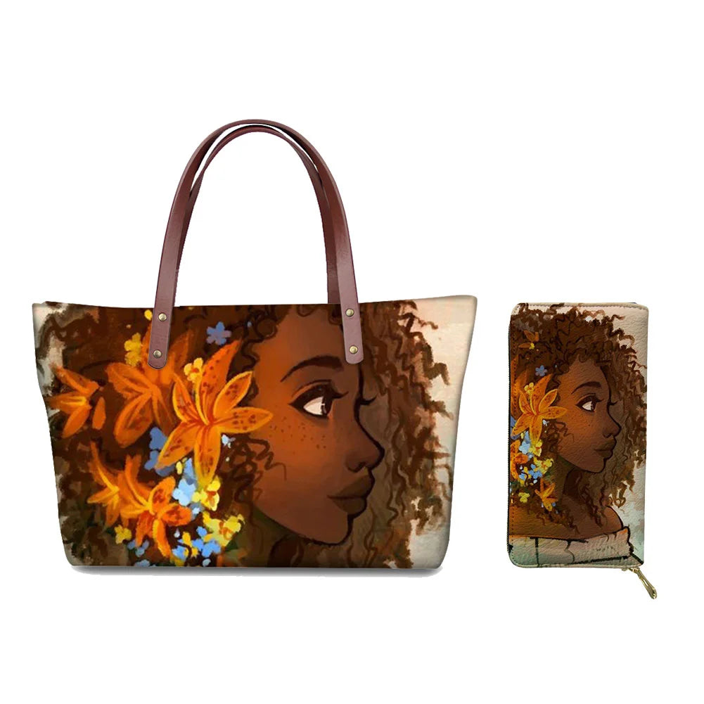 Custom Printed Women Bag Handbags African Girls Printing Purse and Handbags 2pcs Set Shoulder Tote Bag Females Summer Beach Bags