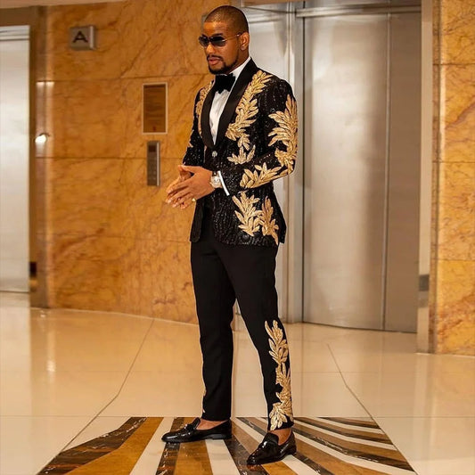 Wholesale Custom Sequin Model Performance Stage Host Wedding Party Suit 2-Piece Set for Men