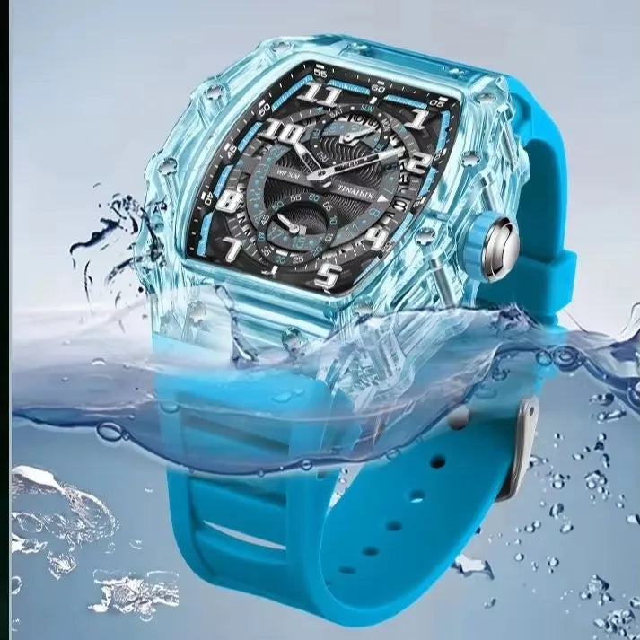 TINAIBIN Men's Watch 2024 New Design Transparent Tonneau Watch for Men Waterproof Luxury Sport Out Door Wristwatch Montre Homme
