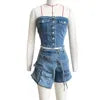 Classic Strapless Button up Backless Asymmetric Denim 2 Piece Women Short Sets Fashion