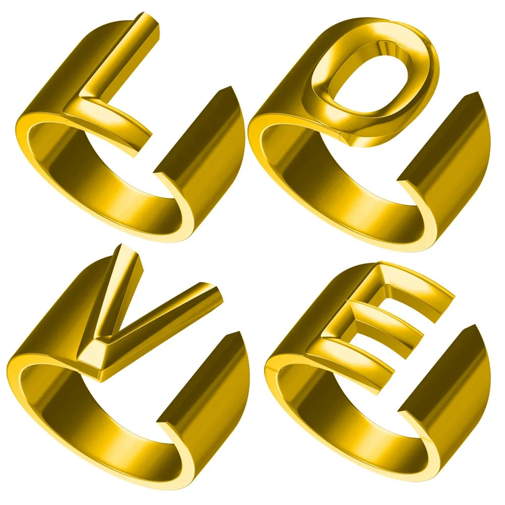 Letter Ring A-Z  26 Capital Letters Plated  Real 18K Gold Opening Adjustable Man Women Fashion Jewelry Rings