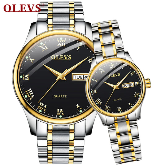 OLEVS Brand Wristwatch Fashion Business Couple Quartz  a Pair  Watch Stainless Steel Waterproof Luminous Watch for Men and Women