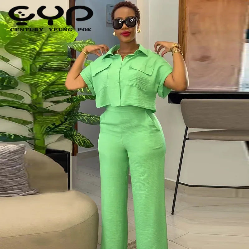 Women's Summer New Short Sleeve Solid Pattern Polo Collar Shirt and Wide Leg Pants Casual Style One Set Suits