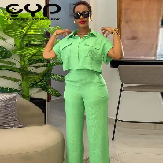 Women's Summer New Short Sleeve Solid Pattern Polo Collar Shirt and Wide Leg Pants Casual Style One Set Suits
