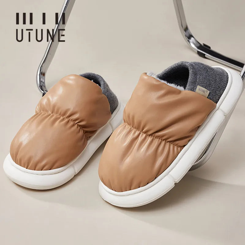 UTUNE Unisex Indoor Warm Plush Slippers Waterproof Lightweight Soft Sole Outdoor Cozy Down Cotton Shoes 2025 Winter New Non-Slip