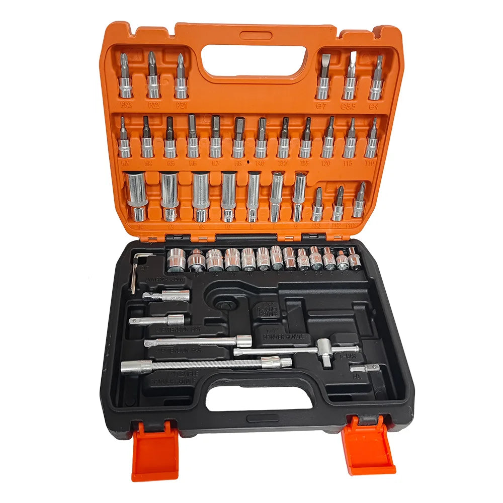 Precision Steel 53pcs 1/4 Inch Drive Sleeve Ratchet Wrench Set Hand OEM New Red Metric Extension Rod Variety Any Repair