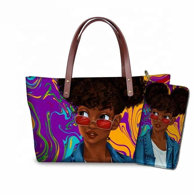 Custom Printed Women Bag Handbags African Girls Printing Purse and Handbags 2pcs Set Shoulder Tote Bag Females Summer Beach Bags