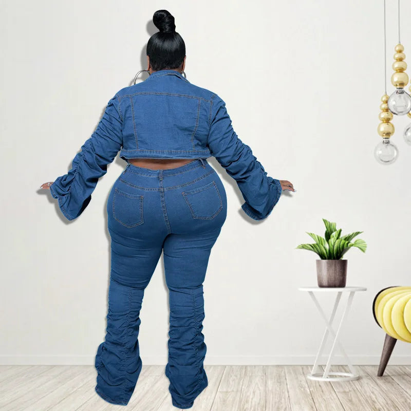 Denim Plus Size Sets Women 2 Piece Set Puff Long Sleeve Jacket Stretch Stacked Jeans Fall Winter Clothes Wholesale Dropshipping