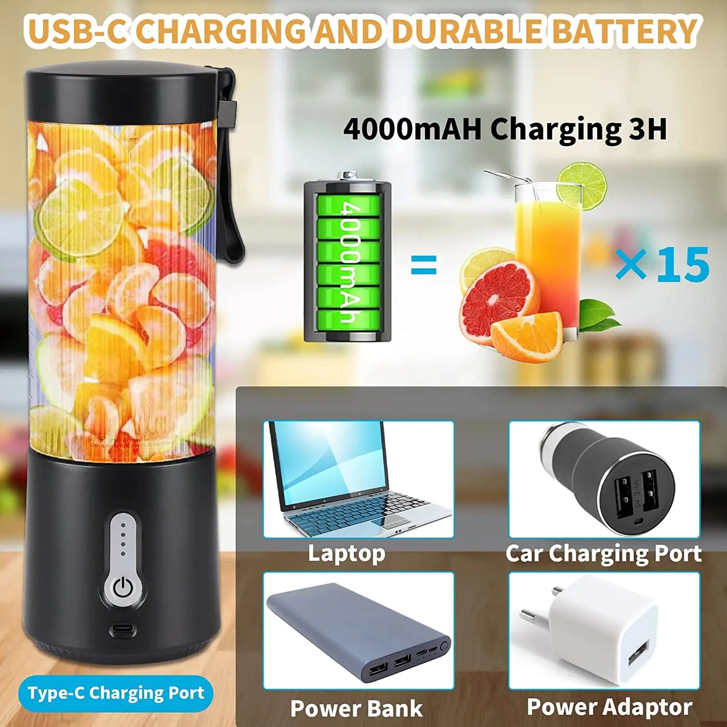 Mini Blender 450ml Stainless Steel BPA Free USB Recharging Electric Blender Camping Juice Blender