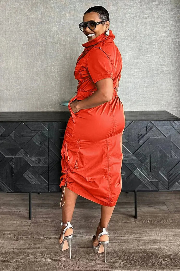 K3320 High-Quality Streetwear Casual Dresses Women Multiple Pockets Drawstring Cargo Summer  Dress for Women