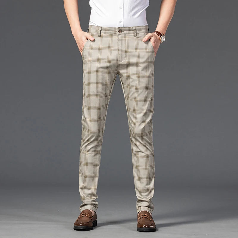 2025 Spring New Men's Plaid Casual Pants Business Fashion Slim Stretch Male Skinny Trousers Brand Clothes 7 Color