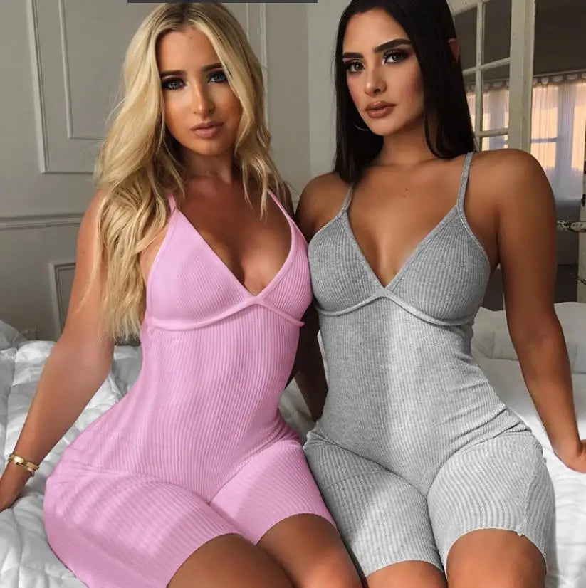 Fashion Bodycon Jumpsuits Sleeveless V Neck Rompers Club Wear Casual Elastic Overalls Ribbed Playsuit for Women