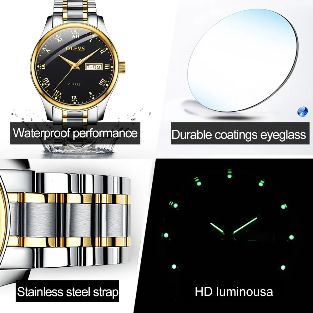 OLEVS Brand Wristwatch Fashion Business Couple Quartz  a Pair  Watch Stainless Steel Waterproof Luminous Watch for Men and Women