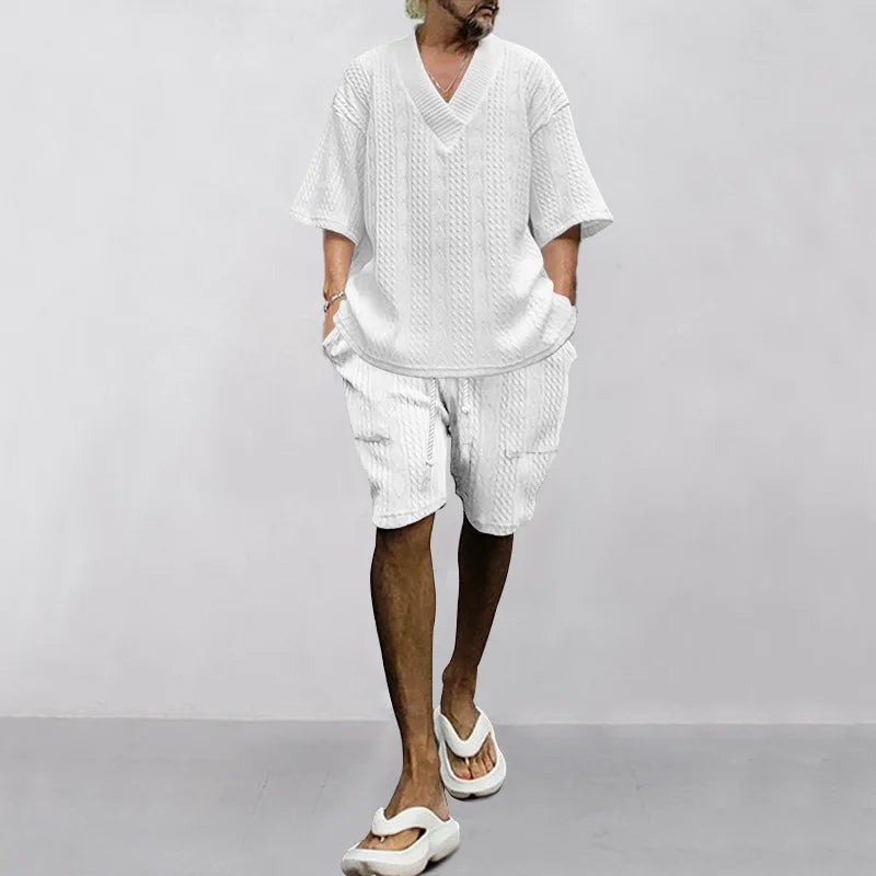 2024 Summer Men's Breathable Jacquard Casual Suits Loose Short Sleeve T-Shirt + Shorts V-Neck Tracksuit Two-Piece Set