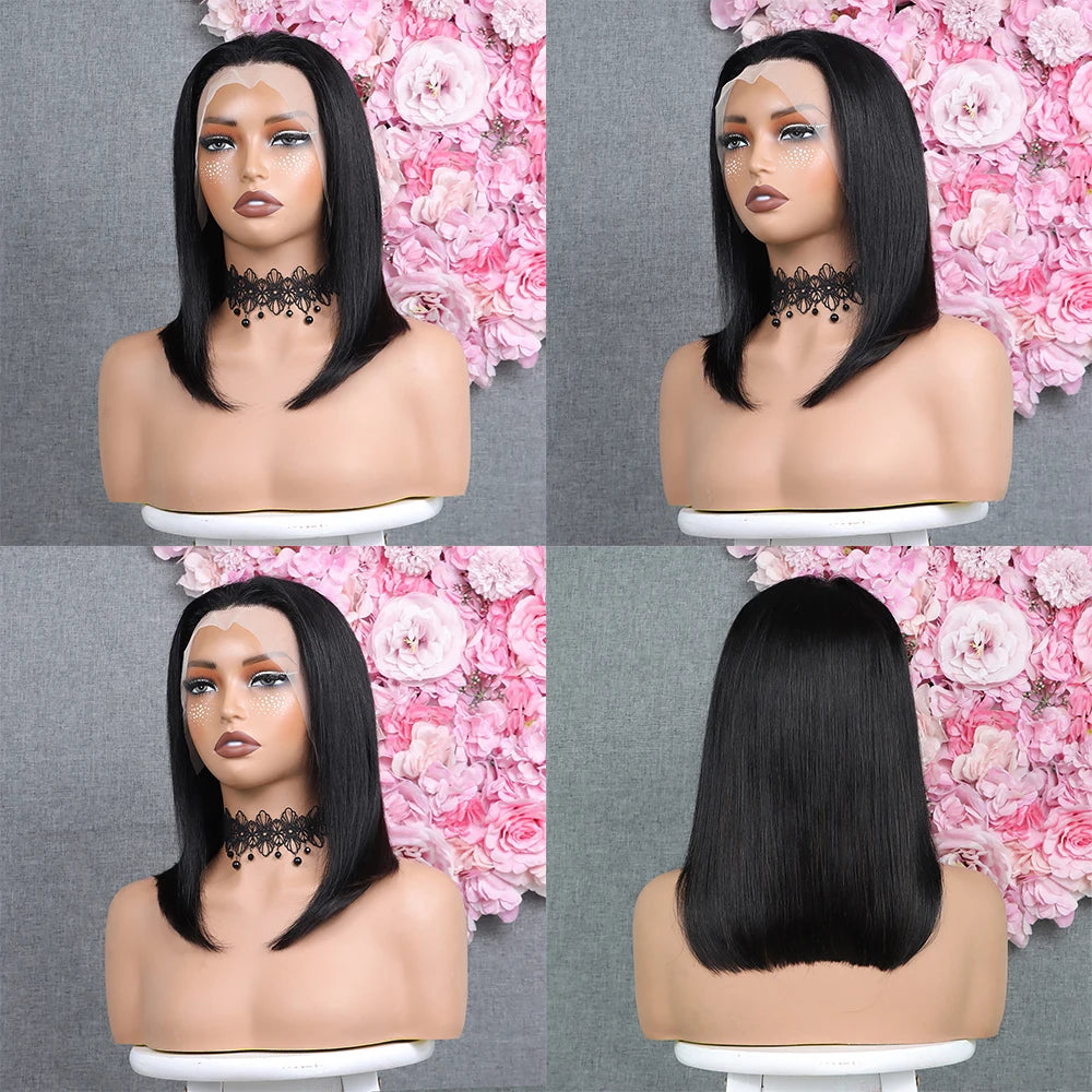 Natural Human Bob Wig Pre Plucked Baby Hair 180% Density Short Front Transparent for Natural Black Women Straight Bob Frontal
