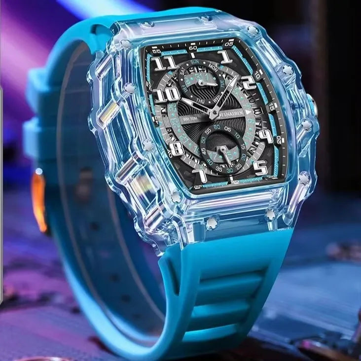 TINAIBIN Men's Watch 2024 New Design Transparent Tonneau Watch for Men Waterproof Luxury Sport Out Door Wristwatch Montre Homme