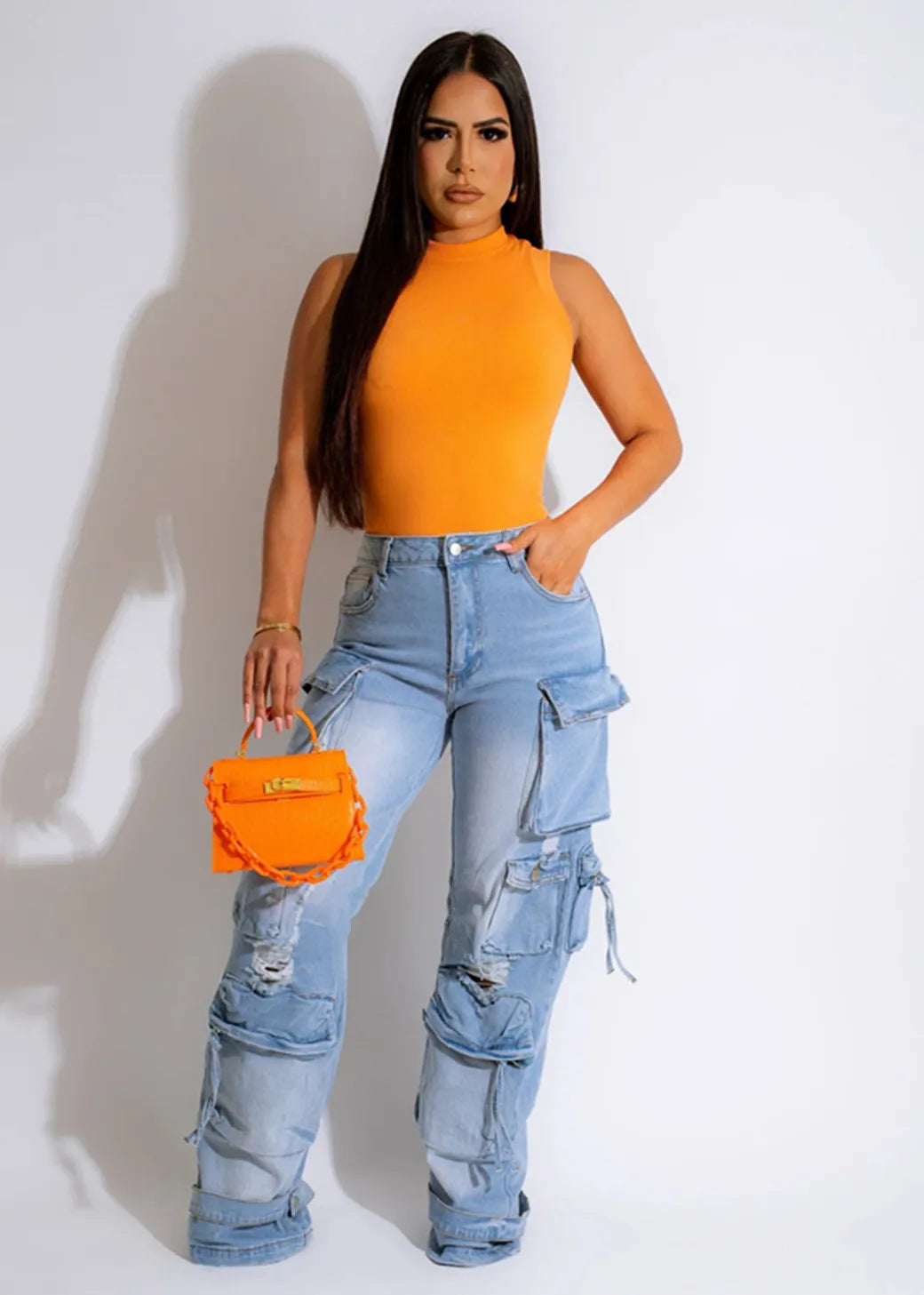 Liu Ming Spring Summer New 2023 Women Fashion Multi Pockets Cargo Pants Loose Fitting Straight Leg Jeans