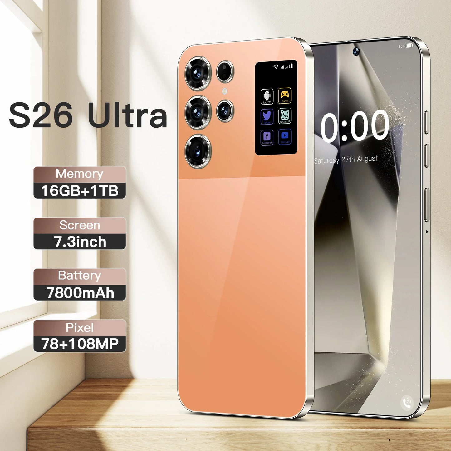 Hot Selling S26 Ultra Smartphones 16GB+1TB Android 15 HD Screen 4G5G 7.3 Inch New Mobile Phone 108MP 100W Facial Recognition