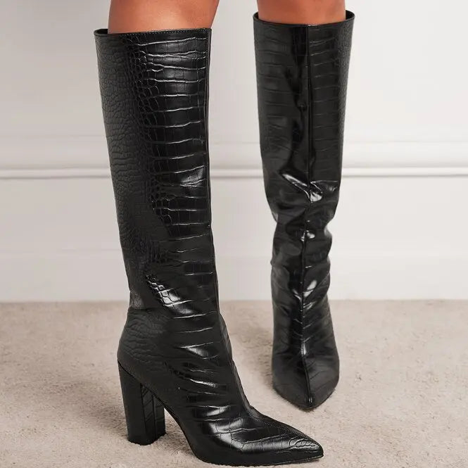 Pattern Long Boots for Women 2024 the Same Pointed Thick Heel Over Knee Boots, a New One Foot Boots in Winter 2025