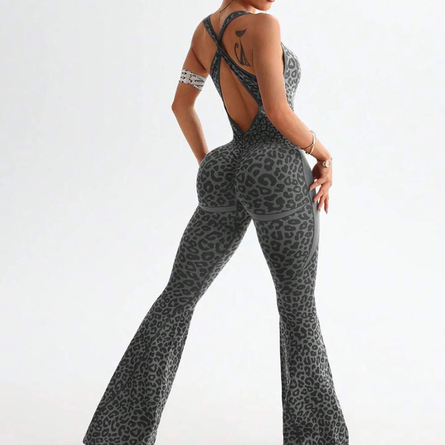 Women's Seamless Leopard Print Crisscross Back Yoga Bodysuit Butt Lifting Flare Leg Fitness Wear Sports Jumpsuit