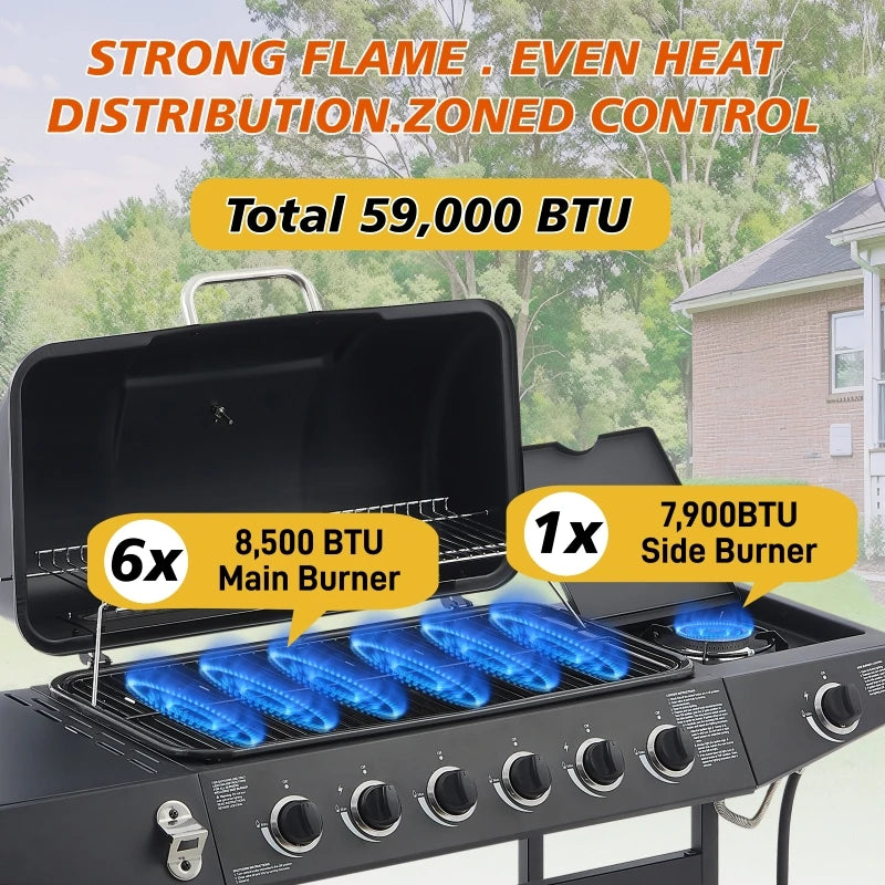 Overseas Stock Free Shipping 6 Burner BBQ Propane Gas Grill with Side Burner 59000 BTU Output Stainless Steel Barbecue Grill
