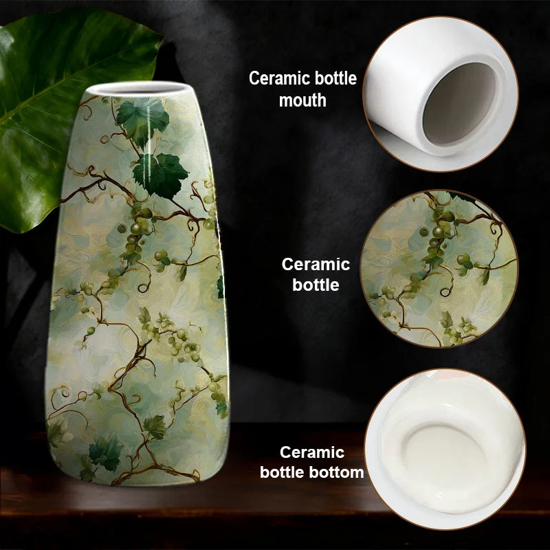 1pc Ceramic Vase Hand Painted Green and Yellow Floral Pattern on White Background, Elegant and Beautiful for Modern Home Decor