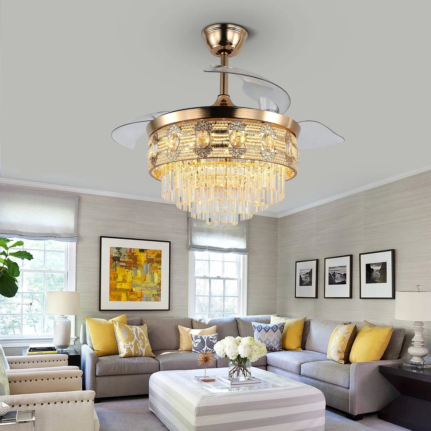 US Warehouse 42 Inch Retractable Chandelier Led Ceiling Fans With Light Home