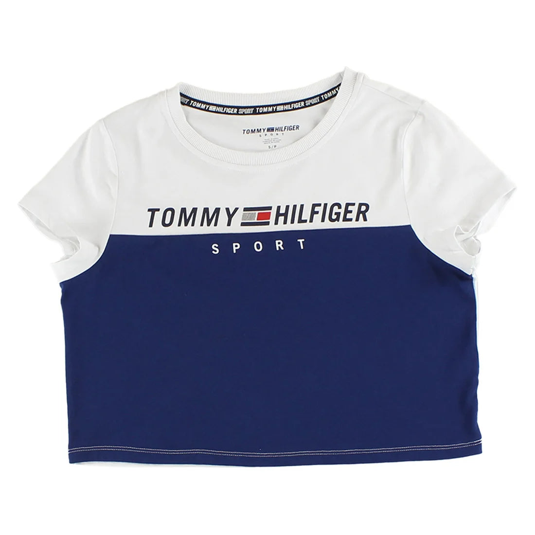 Tommy Hilfiger Colorblock Logo Crop Womens Active Shirts & Tees Color: White/Blue | 100% Authentic