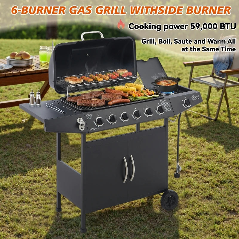 Overseas Stock Free Shipping 6 Burner BBQ Propane Gas Grill with Side Burner 59000 BTU Output Stainless Steel Barbecue Grill