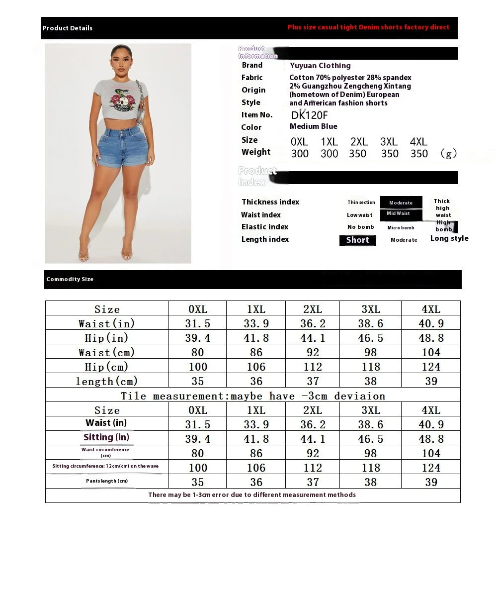 Women's Mid Blue Jeans Shorts New Plus Size Casual Solid Pattern Straight Style Elastic Waist Washed Denim for Summer