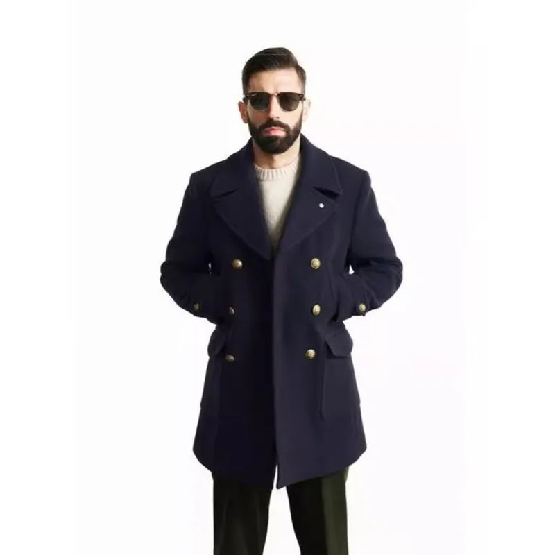 Fashion Men Fall Winter Trench Coat Long Sleeve Coat Notch Collar British Style Mid Length Men Jacket