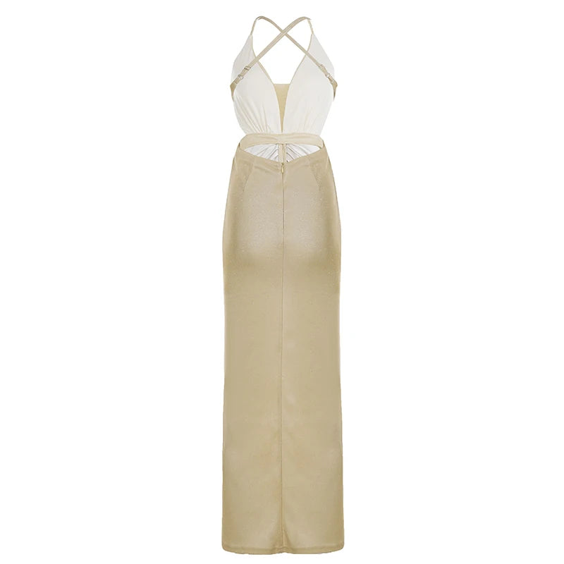 Stunning V-Neck Slinky Straight Maxi Dress Cut-Out High Slit Sequins-Long Spaghetti Strap Backless Sexy Evening Gown Breathable